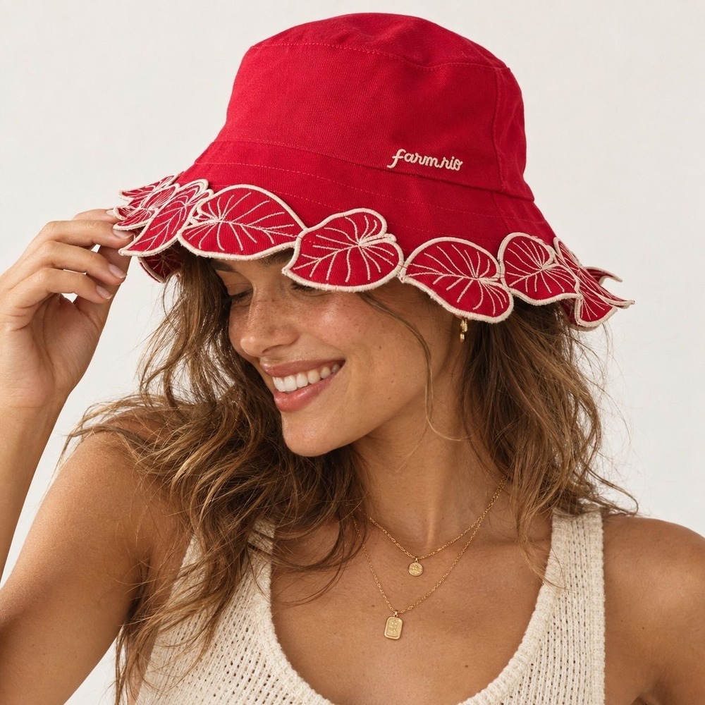 Farm Rio Red Leaf Trim Bucket Hat Anthropologie NWT Embroidered Scalloped Brim